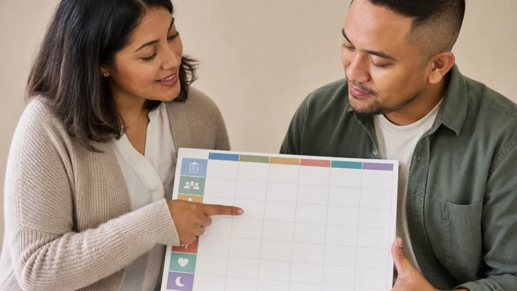 Person reviewing a structured 30 day rehab programme plan with a counsellor at Anker Huis