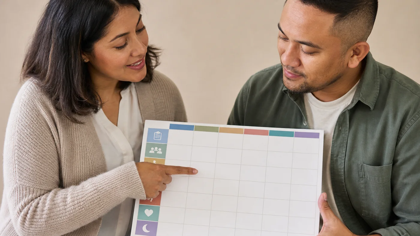 Person reviewing a structured 30 day rehab programme plan with a counsellor at Anker Huis