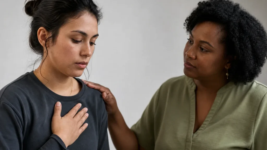 Person using a grounding technique with trauma informed support for PTSD and substance use recovery