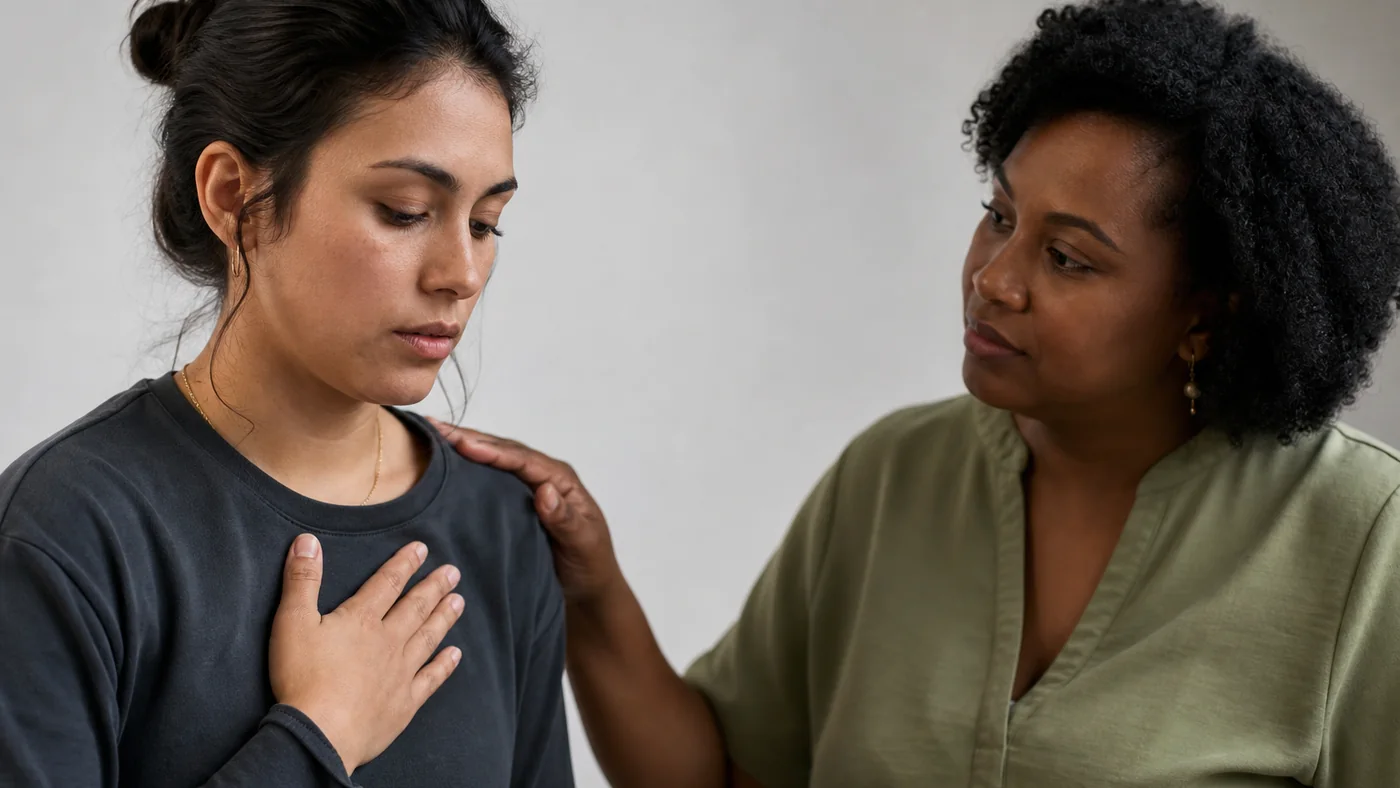 Person using a grounding technique with trauma informed support for PTSD and substance use recovery