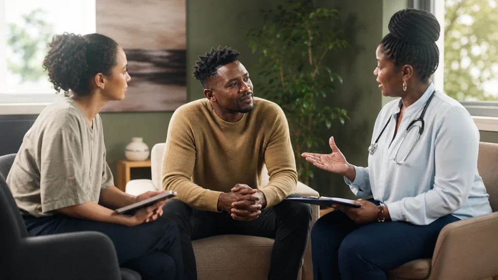 Integrated mental health and addiction treatment session with coordinated clinical support