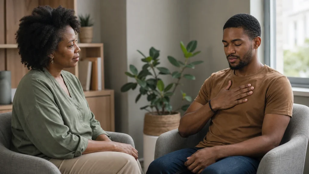 Therapist guiding a practical mindfulness grounding exercise for addiction recovery