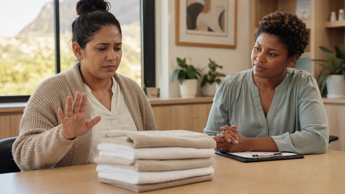 Client practising exposure and response prevention for OCD with compassionate therapy support